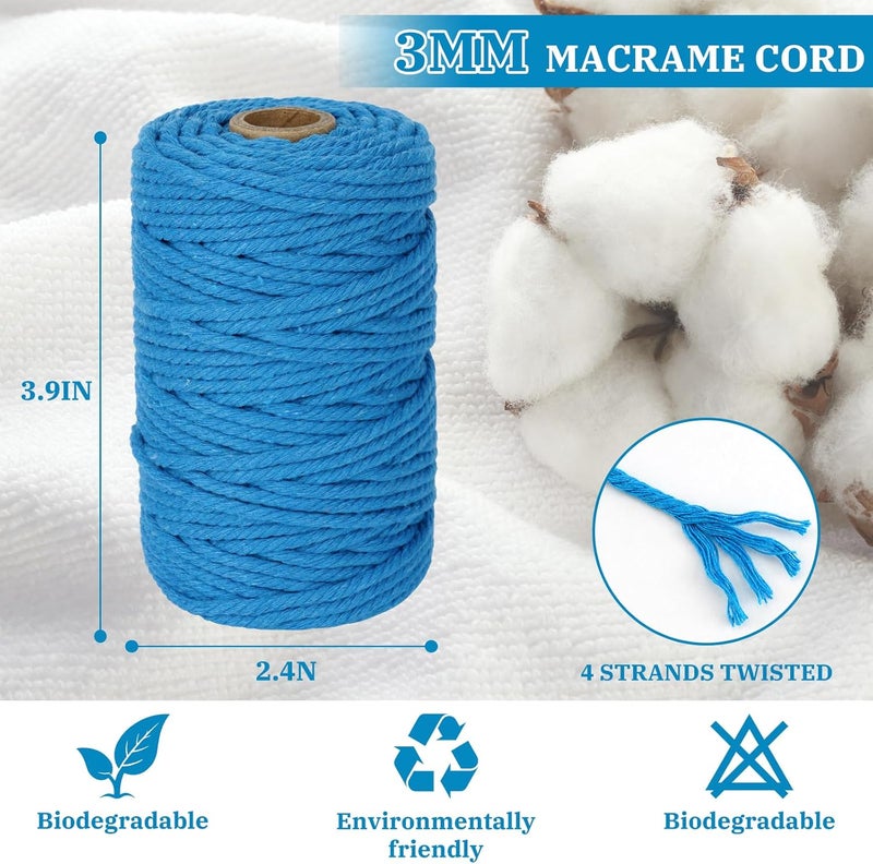 PHUNTTEK Macrame Cord 3mm x 164 Yards, 3 Rolls Blue Colored Macrame Cotton Cord Rope Kit Macrame Yarns Bulk String 4 Strands Twisted for Wall Hanger Plant Hanging DIY Crafts Knitting Macrame Supplies - Image 2